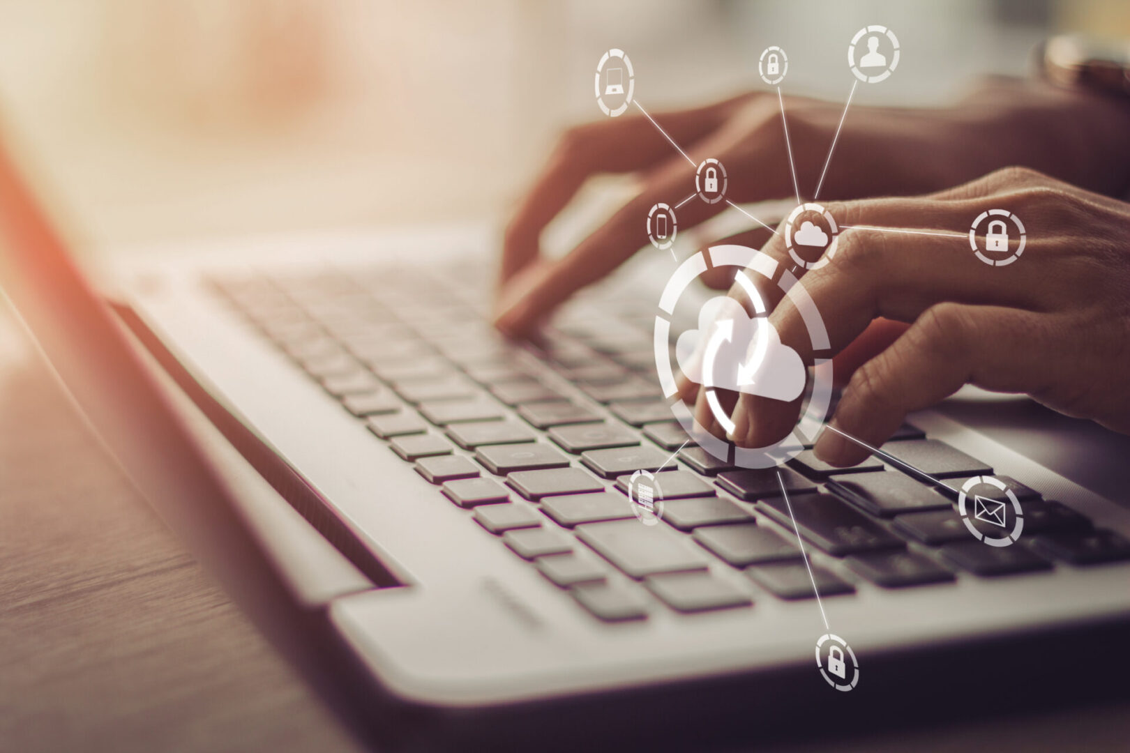 security, cyber, login, computer, digital, internet, password, privacy, solution, technology, attack, big data, cloud computing, Young businesswoman working on his laptop in the office, select the icon cloud on the virtual display.Concept digital technology and
cloud computing